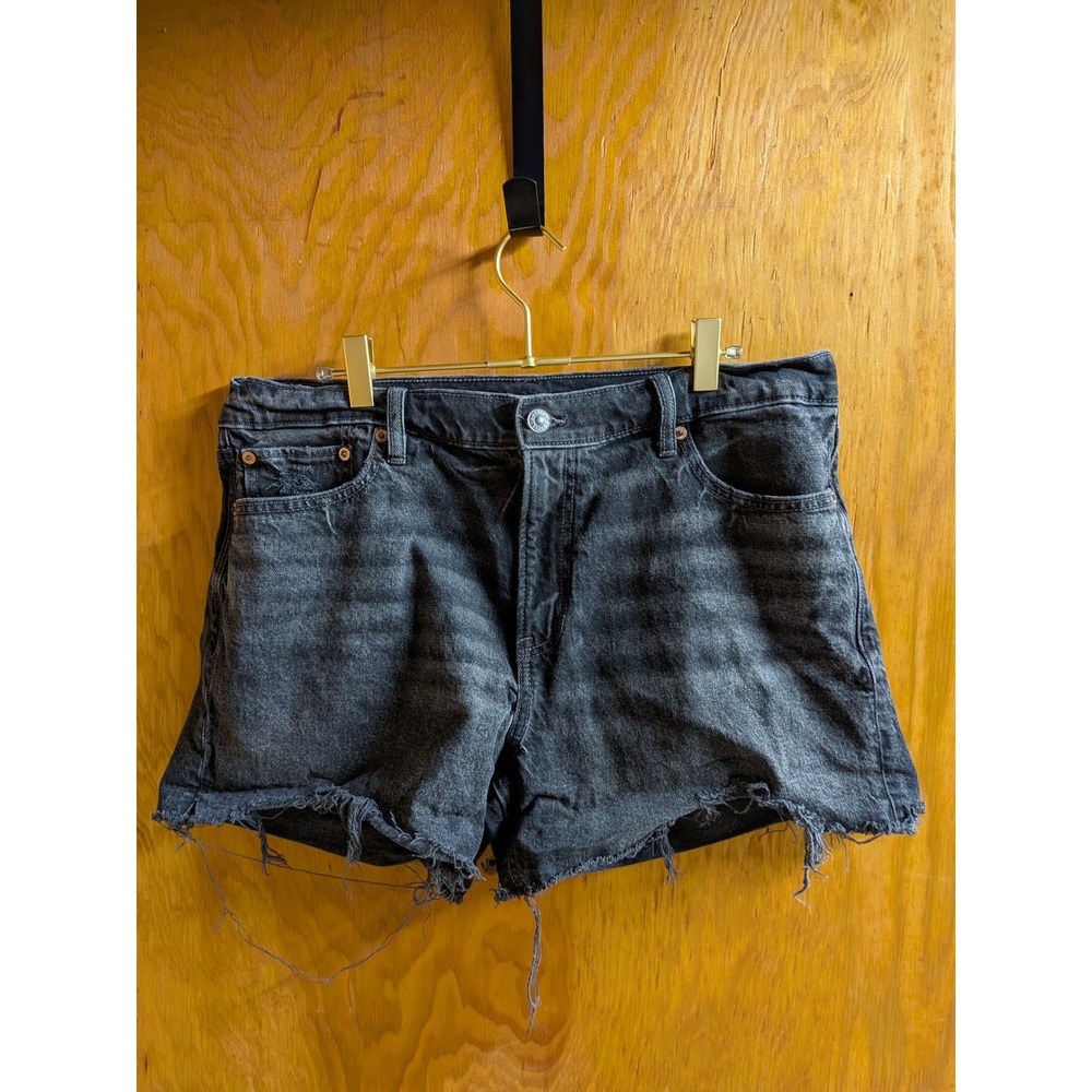 American Eagle Stretch Ex-Boyfriend Black Denim Cut Off Shorts Women 10 Raw Hem
